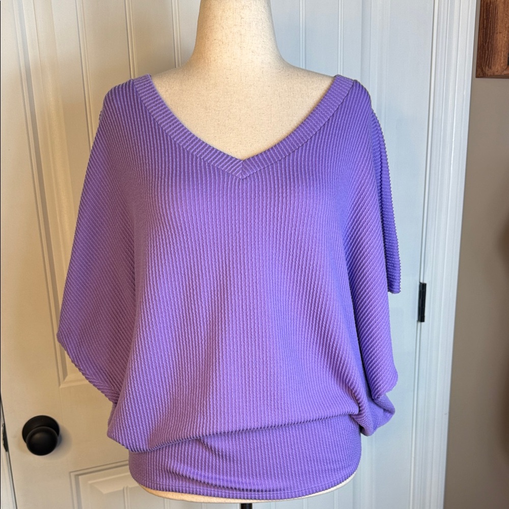 ANDREE BY UNIT Lavender Raised Rib V neck Top Batwing Sleeve Size XL
